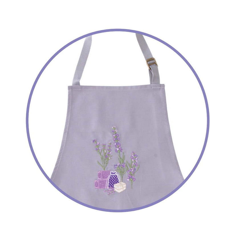 Tablier provençale coton brodé sachet de lavande gris avec essuie main intégré