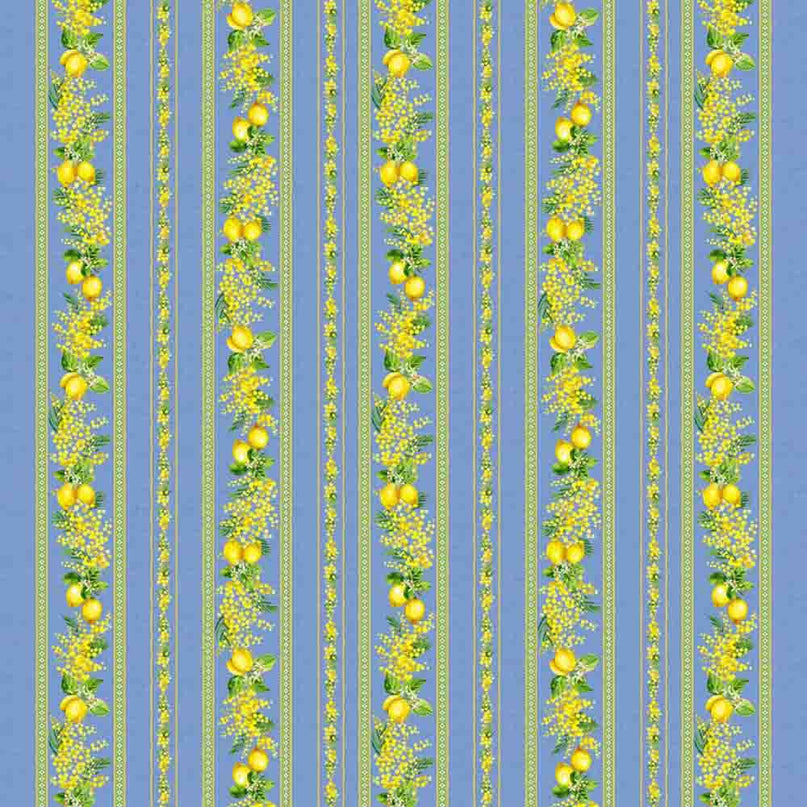 Tissu au mètre linéaire coton citron mimosa bleu largeur 1m60