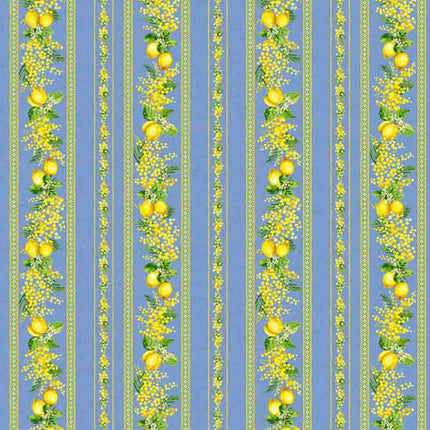 Tissu au mètre linéaire coton citron mimosa bleu largeur 1m60