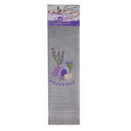 Torchon Essuie main rectangle en éponge Tissage Jacquard brodé herbier sachet de lavande gris 50 cm X 70 cm Qualité Premium