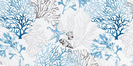 Tissu au mètre Quiberon bleu corail et coquillage coton largeur 160 cm vendu au mètre