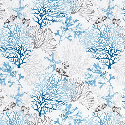 Tissu au mètre Quiberon bleu corail et coquillage coton largeur 160 cm vendu au mètre