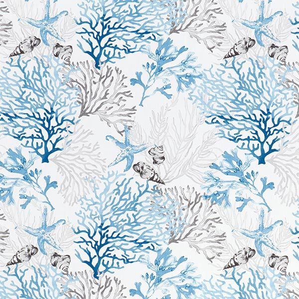 Tissu au mètre Quiberon bleu corail et coquillage coton largeur 160 cm vendu au mètre