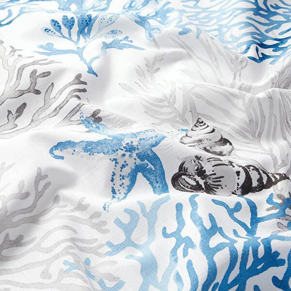 Tissu au mètre Quiberon bleu corail et coquillage coton largeur 160 cm vendu au mètre