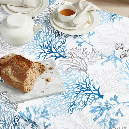 Tissu au mètre Quiberon bleu corail et coquillage coton largeur 160 cm vendu au mètre