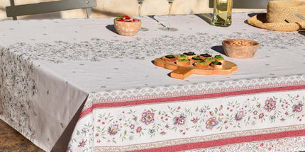 Nappe rectangle provençale beaucaire ivoire rose coton enduit plastifiée double bordure 2m50 x 1m55