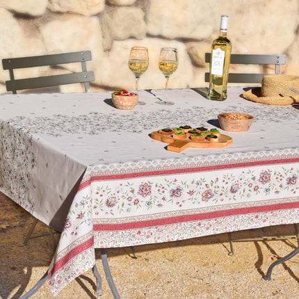 Nappe rectangle provençale beaucaire ivoire rose coton enduit plastifiée double bordure 2m50 x 1m55