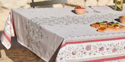 Nappe rectangle provençale beaucaire ivoire rose coton enduit plastifiée double bordure 2m50 x 1m55