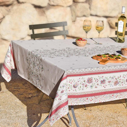 Nappe rectangle provençale beaucaire ivoire rose coton enduit plastifiée double bordure 2m50 x 1m55
