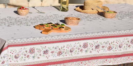 Nappe rectangle provençale beaucaire ivoire rose coton enduit plastifiée double bordure 2m50 x 1m55