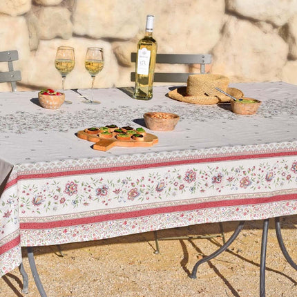 Nappe rectangle provençale beaucaire ivoire rose coton enduit plastifiée double bordure 2m50 x 1m55