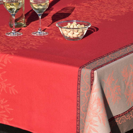 Nappe provençale rectangulaire coton jacquard Téflon olives Rouge double bordure  2m50 x 1m55