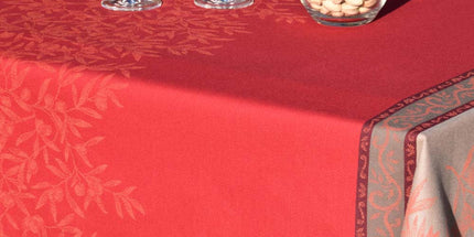 Nappe provençale rectangulaire coton jacquard Téflon olives Rouge double bordure  2m50 x 1m55