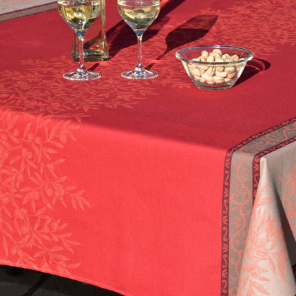 Nappe provençale rectangulaire coton jacquard Téflon olives Rouge double bordure  3m50 x 1m60