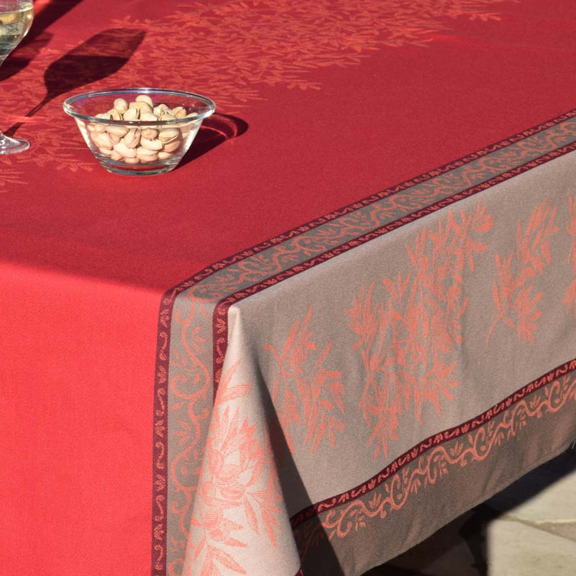Nappe provençale rectangulaire coton jacquard Téflon olives Rouge double bordure  3m50 x 1m60