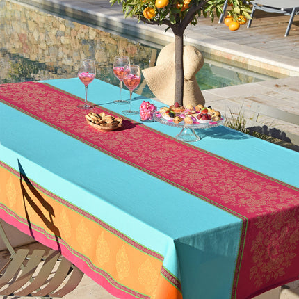 Nappe carrée coton tissé jacquard traité Téflon anti tache caprice turquoise double bordure  1m60x1m60