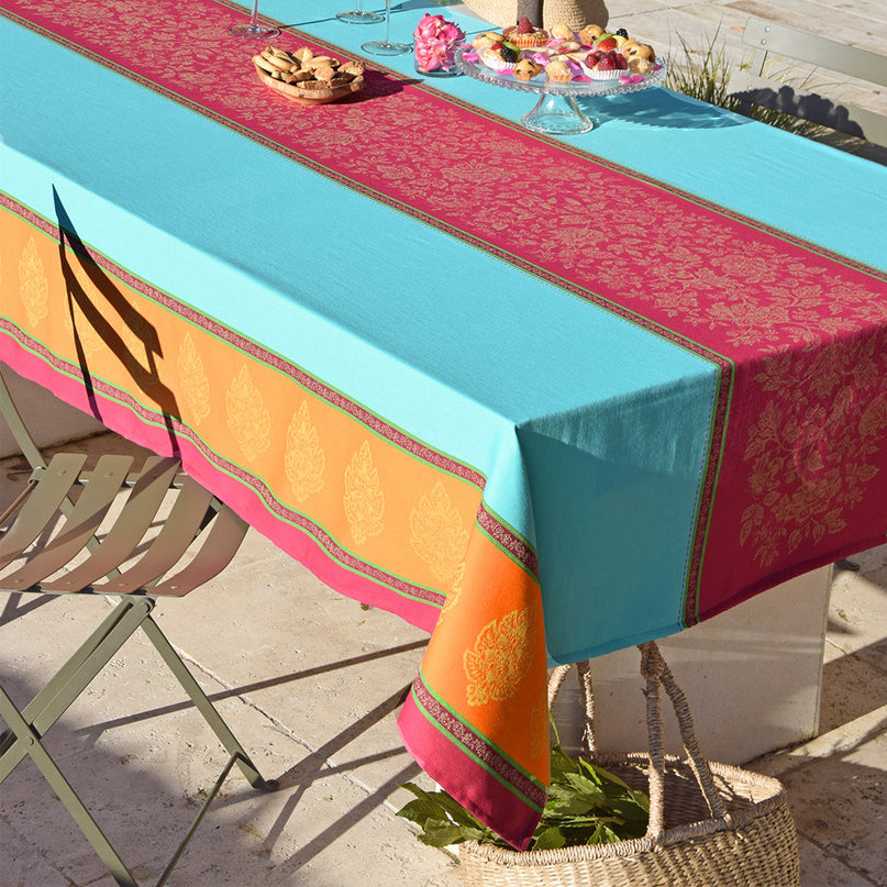 Nappe carrée coton tissé jacquard traité Téflon anti tache caprice turquoise double bordure  1m60x1m60
