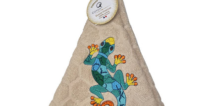 Essuie main rond en éponge Tissage Jacquard salamandre multicolore sur fond beige Qualité Premium