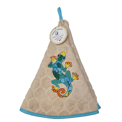Essuie main rond en éponge Tissage Jacquard salamandre multicolore sur fond beige Qualité Premium