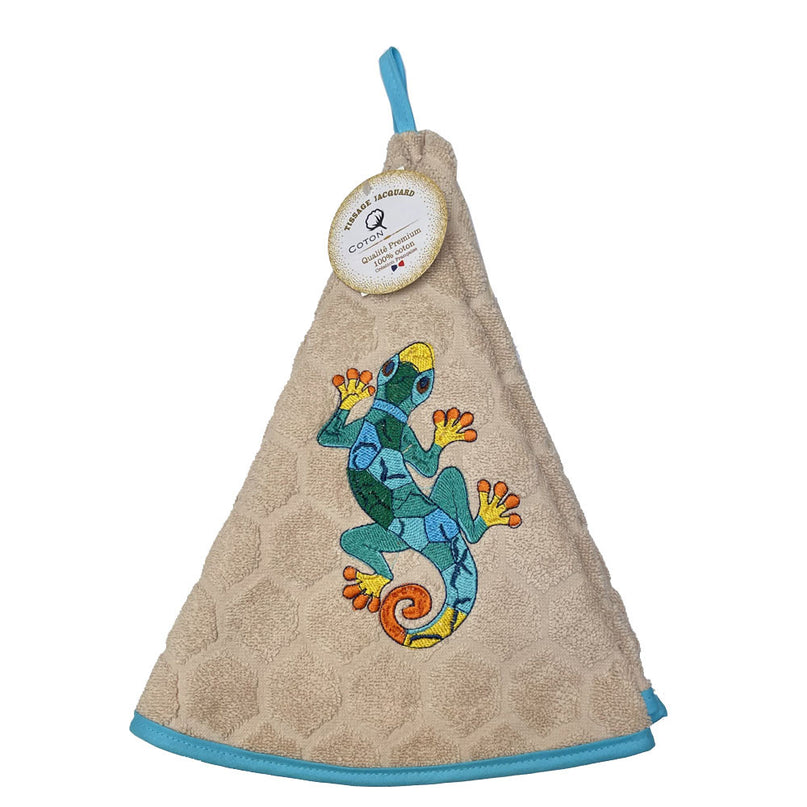 Essuie main rond en éponge Tissage Jacquard salamandre multicolore sur fond beige Qualité Premium