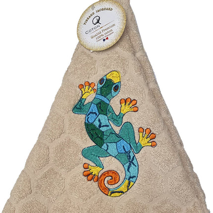 Essuie main rond en éponge Tissage Jacquard salamandre multicolore sur fond beige Qualité Premium