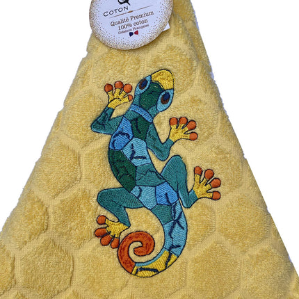 Essuie main rond en éponge Tissage Jacquard salamandre Multicolore sur fond jaune Qualité Premium