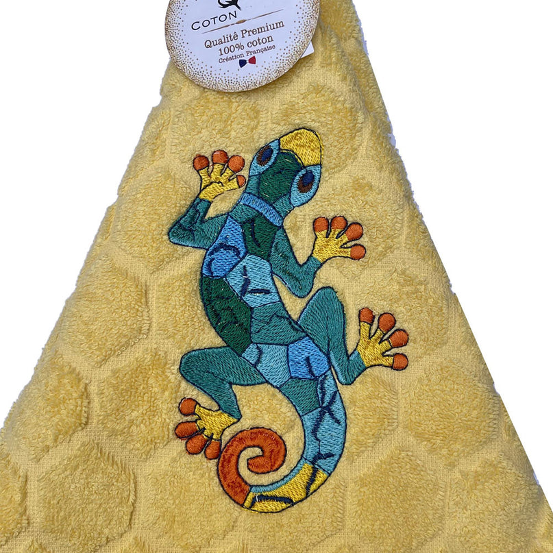 Essuie main rond en éponge Tissage Jacquard salamandre Multicolore sur fond jaune Qualité Premium