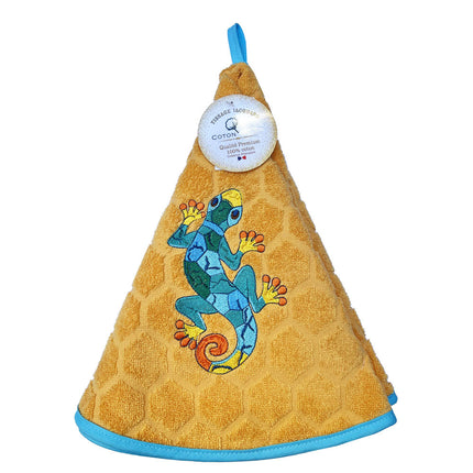 Essuie main rond en éponge Tissage Jacquard salamandre multicolore sur fond orange Qualité Premium