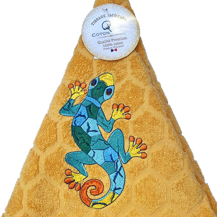 Essuie main rond en éponge Tissage Jacquard salamandre multicolore sur fond orange Qualité Premium