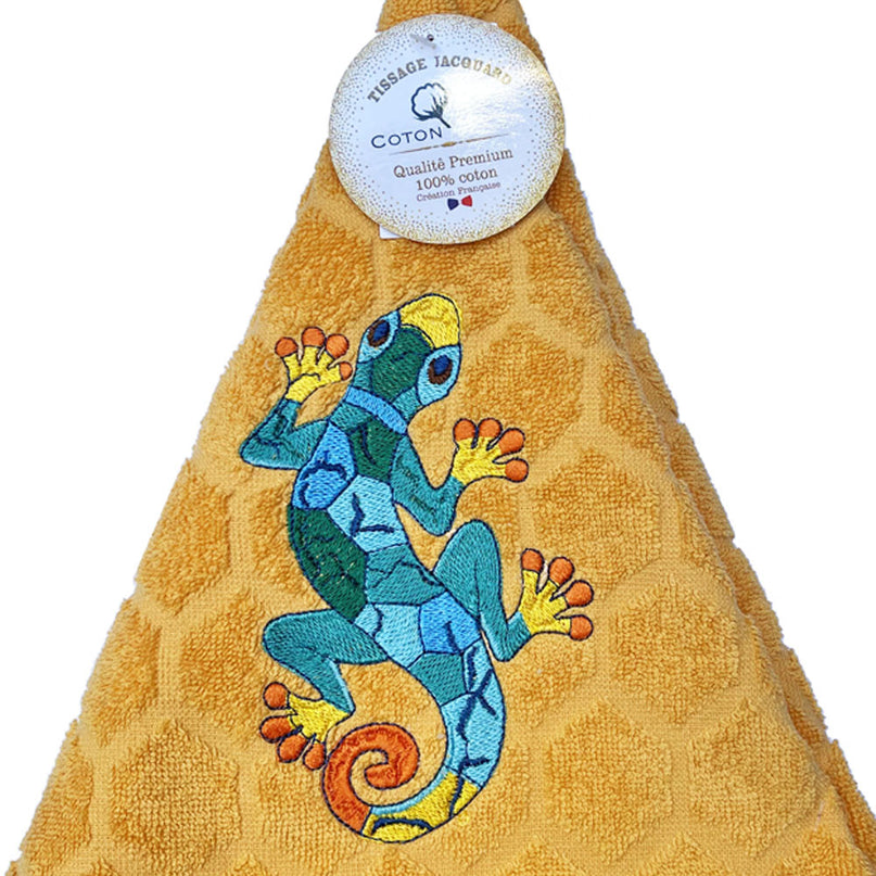 Essuie main rond en éponge Tissage Jacquard salamandre multicolore sur fond orange Qualité Premium