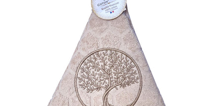 Essuie main rond en éponge Tissage Jacquard arbre de vie beige Qualité Premium