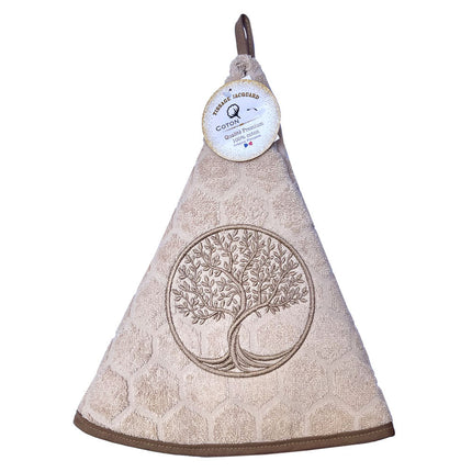 Essuie main rond en éponge Tissage Jacquard arbre de vie beige Qualité Premium