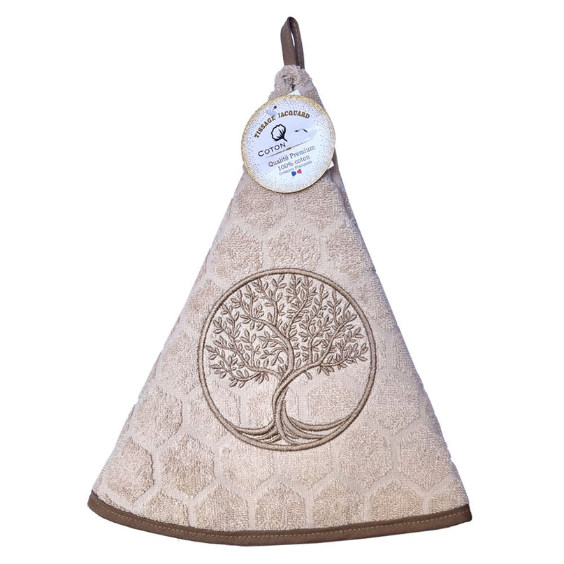 Essuie main rond en éponge Tissage Jacquard arbre de vie beige Qualité Premium