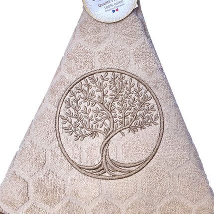 Essuie main rond en éponge Tissage Jacquard arbre de vie beige Qualité Premium