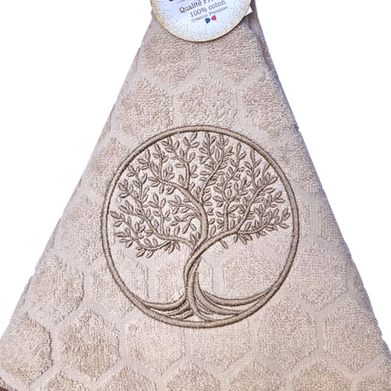Essuie main rond en éponge Tissage Jacquard arbre de vie beige Qualité Premium