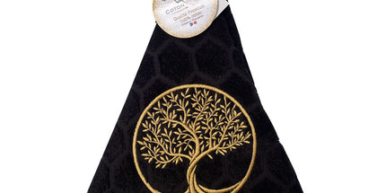 Essuie main rond en éponge Tissage Jacquard arbre de vie noir Qualité Premium