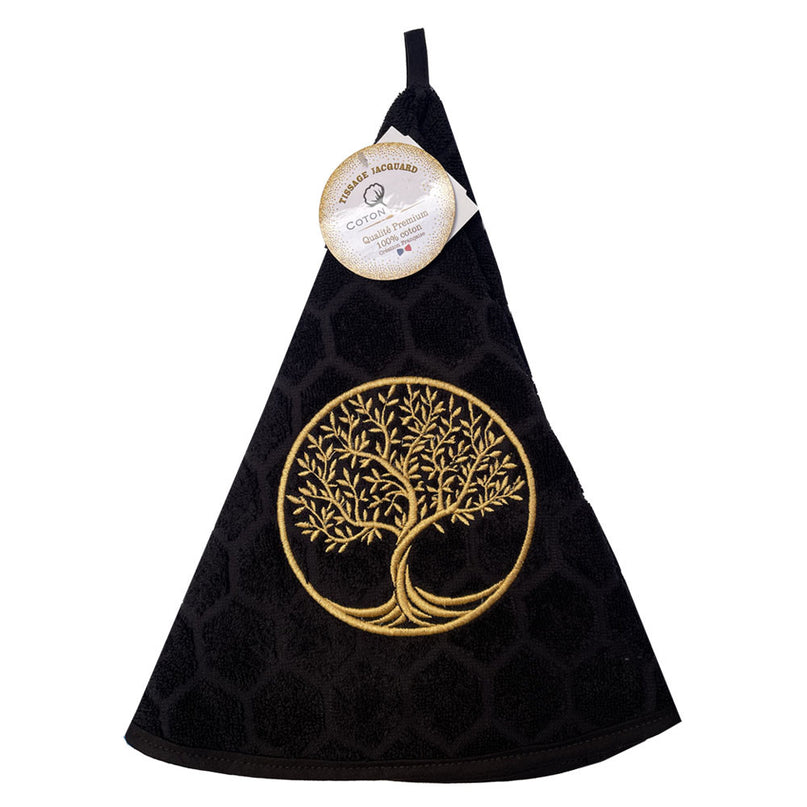 Essuie main rond en éponge Tissage Jacquard arbre de vie noir Qualité Premium