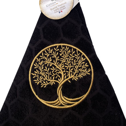 Essuie main rond en éponge Tissage Jacquard arbre de vie noir Qualité Premium