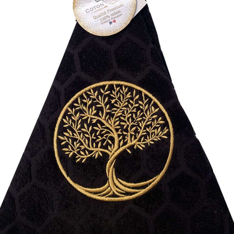 Essuie main rond en éponge Tissage Jacquard arbre de vie noir Qualité Premium