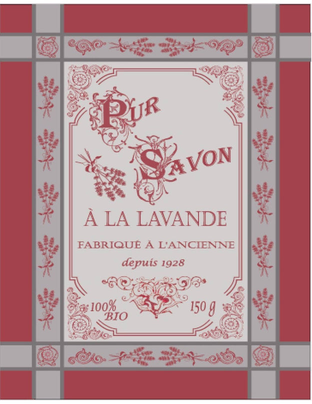 Torchon coton tissé  jacquard pur savon à la lavande rouge
