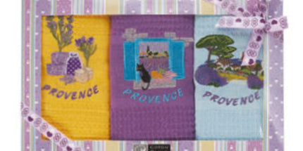 Coffret 3 torchons brodés Provence coton nid d'abeille 50cmx70cm