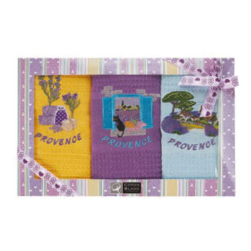 Coffret 3 torchons brodés Provence coton nid d'abeille 50cmx70cm