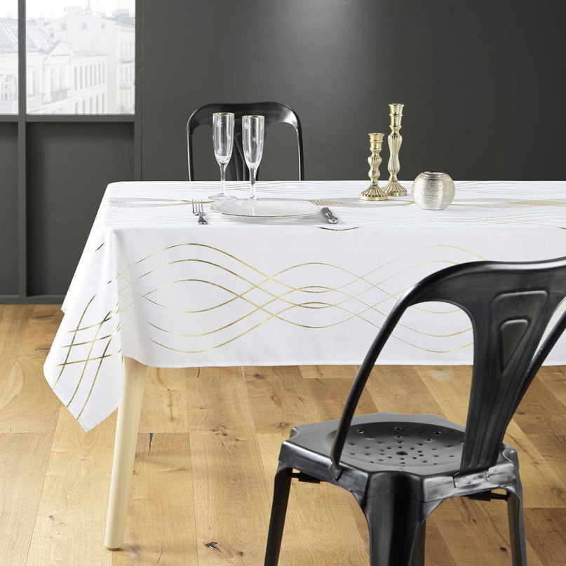 Nappe ronde polyester Elona blanc et or Anti tache et Infroissable 180 cm