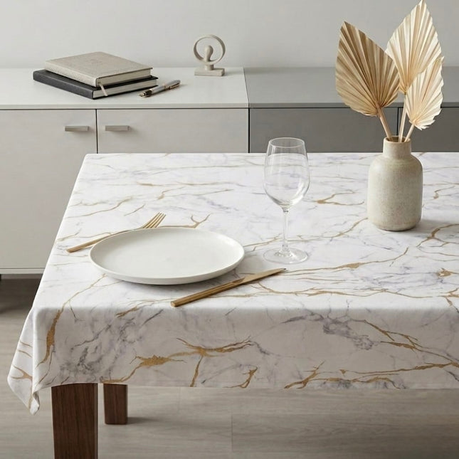 Nappe effet marbre blanc et doré 100 % polyester antitache infroissable 200 x 150 cm