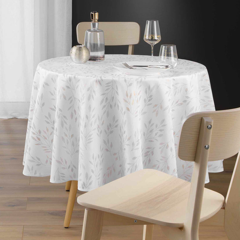Nappe ronde polyester Lonigold blanc et or Anti tache et Infroissable 180 cm