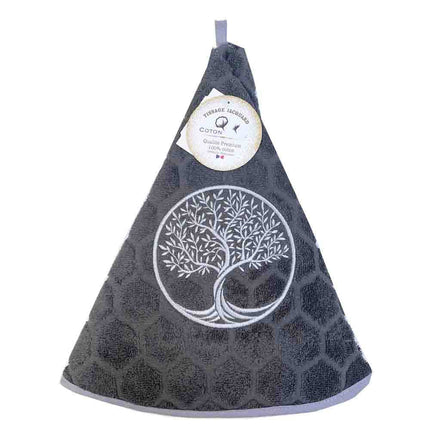 Essuie main rond en éponge Tissage Jacquard arbre de vie gris anthracite Qualité Premium