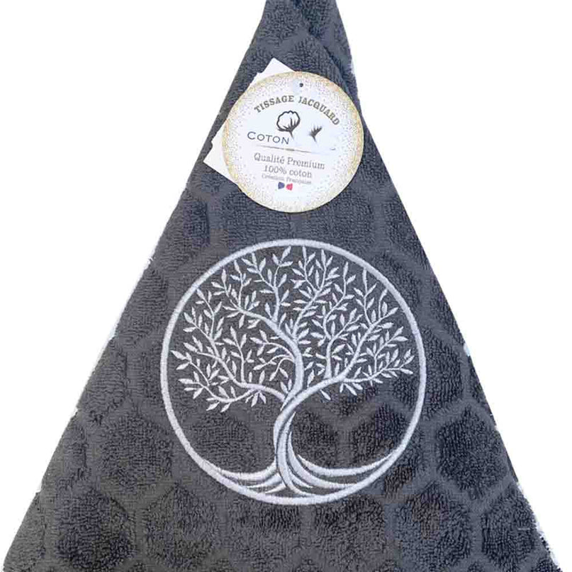 Essuie main rond en éponge Tissage Jacquard arbre de vie gris anthracite Qualité Premium