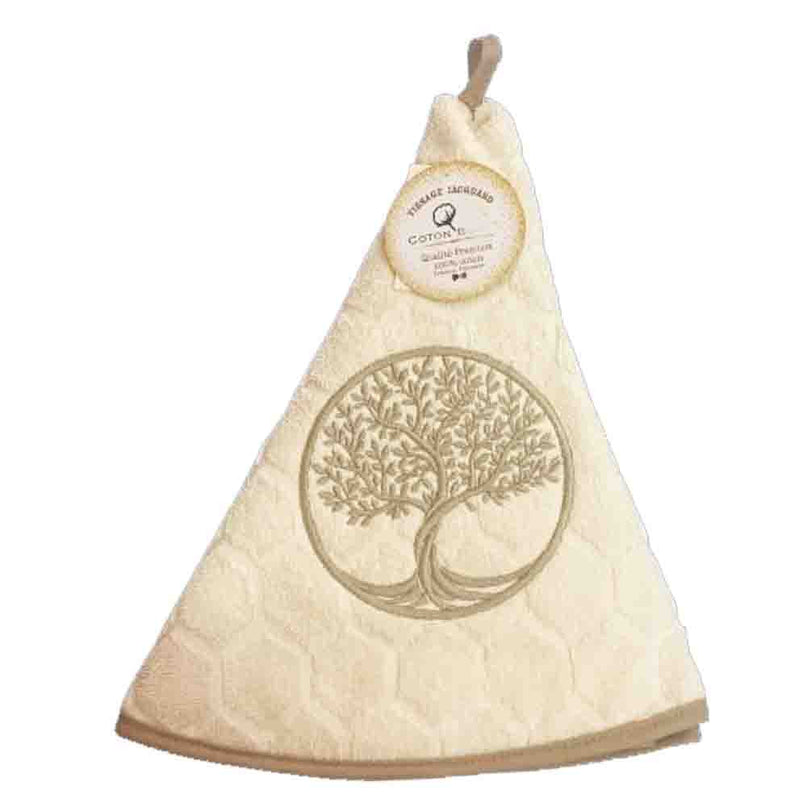 Essuie main rond en éponge Tissage Jacquard arbre de vie écru Qualité Premium