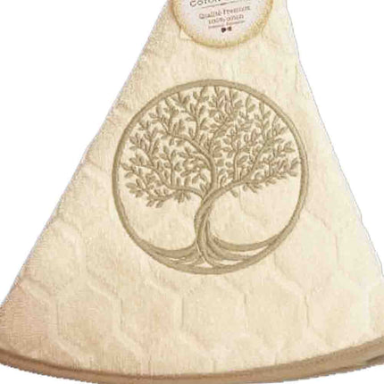 Essuie main rond en éponge Tissage Jacquard arbre de vie écru Qualité Premium