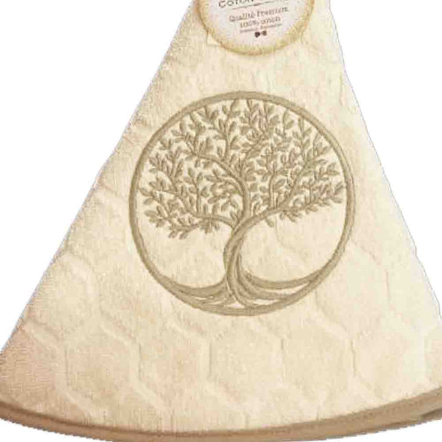 Essuie main rond en éponge Tissage Jacquard arbre de vie écru Qualité Premium